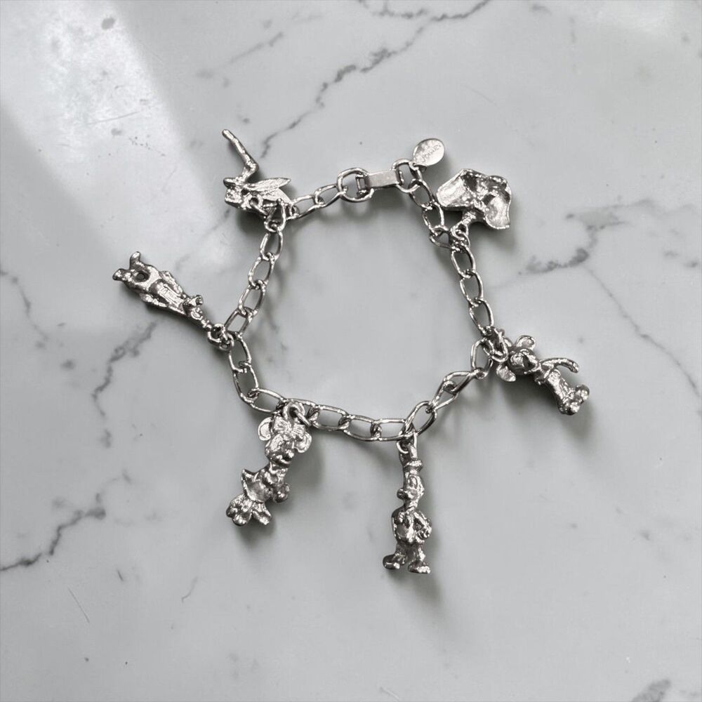 Vintage Disney 6 Charm Silver Tone Bracelet Mickey Minnie Goofy Dumbo Donald